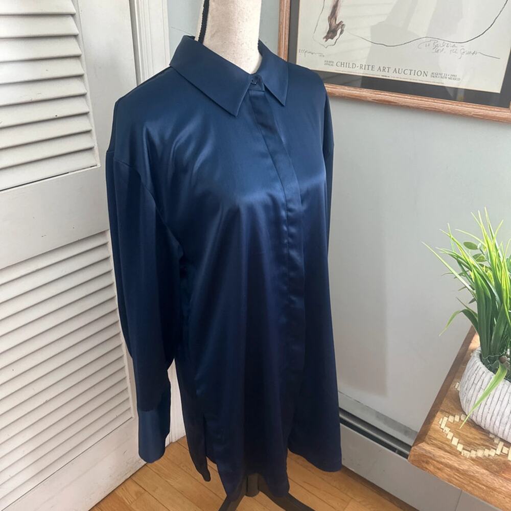 House of Harlow Tunic Shirt Dress Large Navy Blue Button Down Minimalist Modern